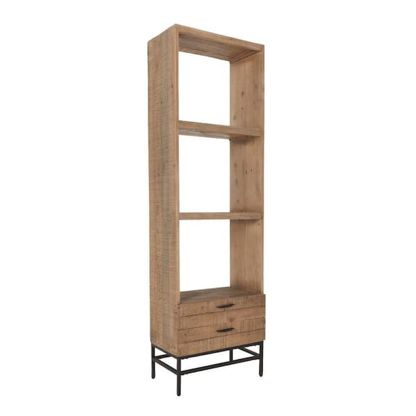 Benjara Lyla 24 in. Brown and Black 3 Shelf Reclaimed Tall Pine Wood Bookcase with 2 Drawers