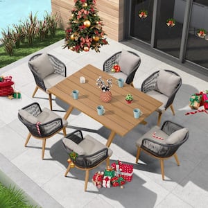 Teak-Finish 7-Piece Wicker Square Aluminum Frame Outdoor Dining Set and Pillows with Beige Cushions