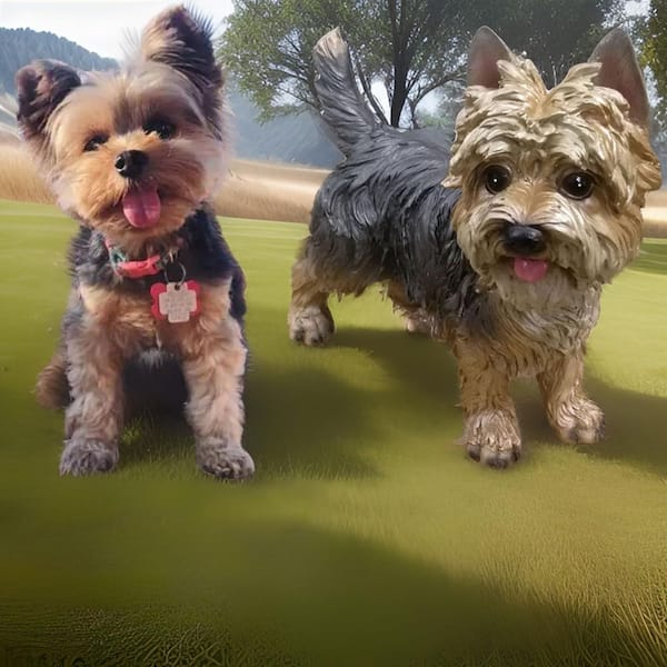 Statue Yorkshire Terrier Sur Base Bois - Art Dog - Sculpture Résine/bronze - FR