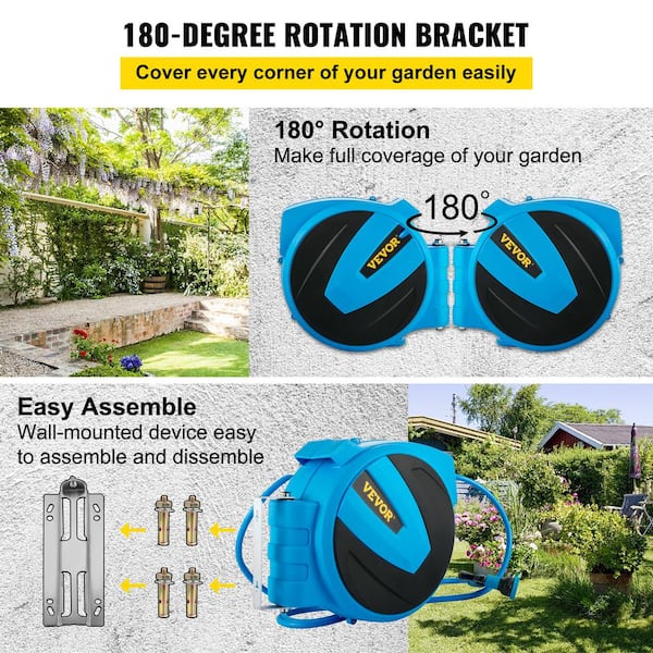 Roywel Retractable Garden Hose Reel,Outdoor Hose Reel,Wall  Mounted,Automatic Rewind,180°Piovt, Any Length Lock, With 9- Function  Sprayer Nozzle (5/8 100FT)