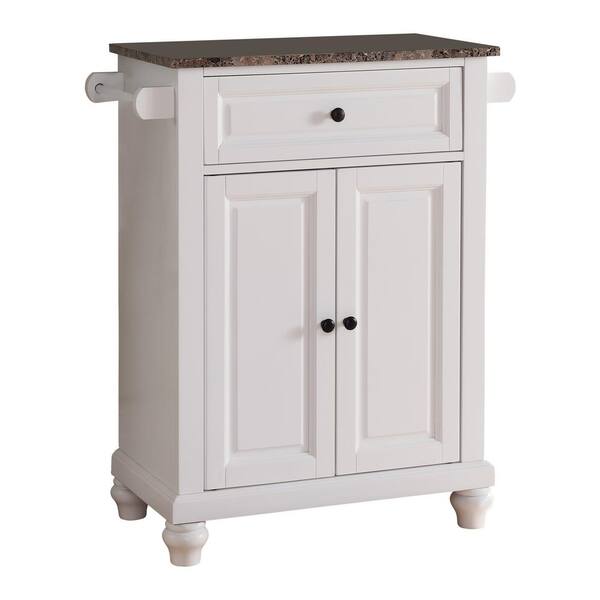 Kings Brand Furniture White with Marble Finish Top Storage Kitchen Island with 2 Towel Bars
