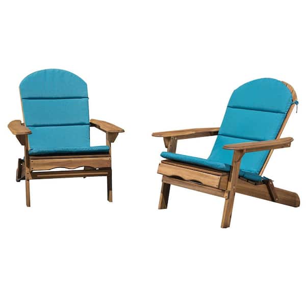 Noble House Malibu Natural Brown Folding Wood Adirondack Chairs with Dark Teal Cushions (2-Pack)