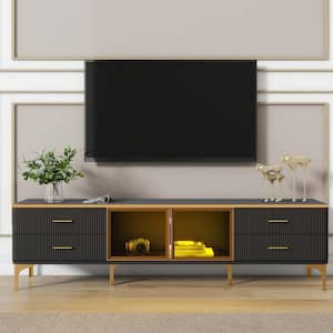 Modern Gold/Black TV Stand Fits TV's Up to 78 in. with Marble-veined Table Top, Brown Glass Storage Cabinet