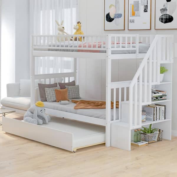 Polibi White Twin Over Twin Bunk Bed with Trundle and Storage