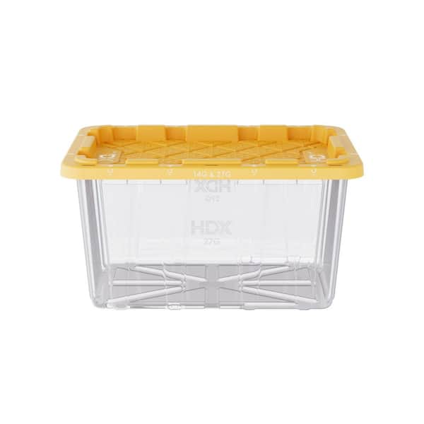 HDX 27 Gal. Tough Storage Tote in Clear with Yellow Lid (4-Pack
