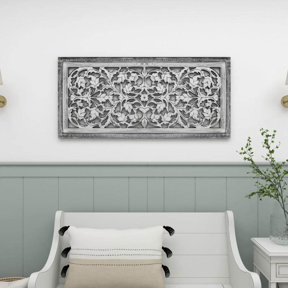 Gray Mango Wood Handmade Intricately Carved Floral Wall Panel