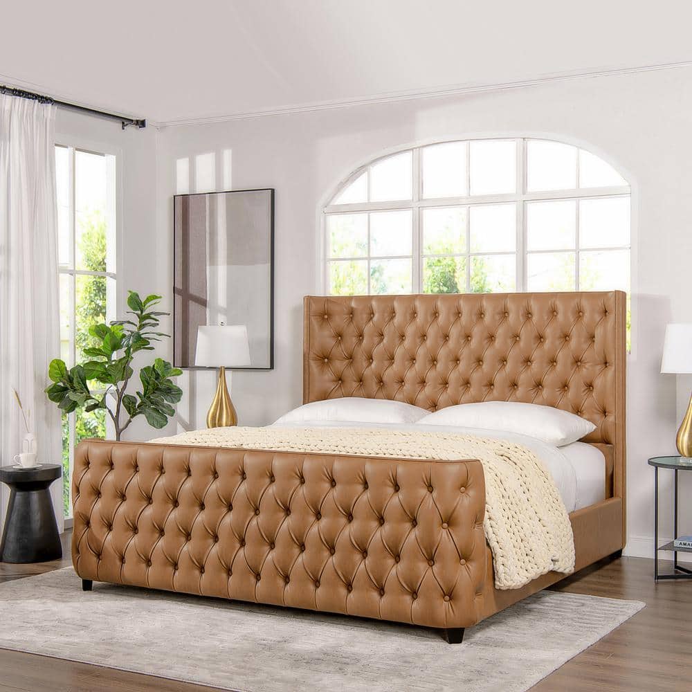 Modern Black Upholstered King Bed Polished Gold and Faux Leather Headboard Included