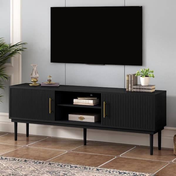 Harper & Bright Designs Stylish Black TV Stand Fits TVs up to 70 to 79 in. with Sliding Door Design, Solid Wood Legs