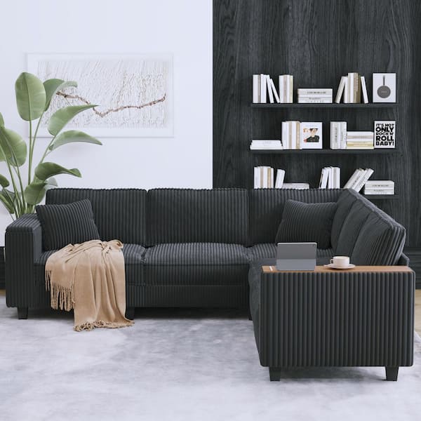 Wise 97 in. Corduroy Upholstery L-Shaped Sectional Sofa in. Black with Armrest Storage, Pillows