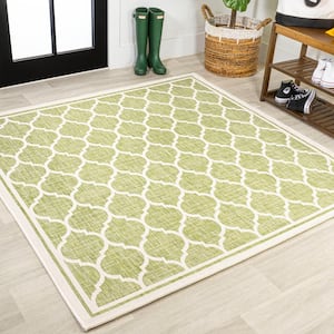 Trebol Moroccan Trellis Textured Weave Green/Cream 5 ft. Square Indoor/Outdoor Area Rug