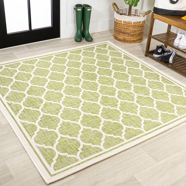 Trebol Moroccan Trellis Textured Weave Green/Cream 5 ft. Square Indoor/Outdoor Area Rug
