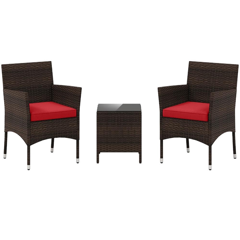 3-Piece PE Rattan Outdoor Patio Conversation Set with Tempered Glass Coffee Table and Cushions, Red price history on PriceWatchPro