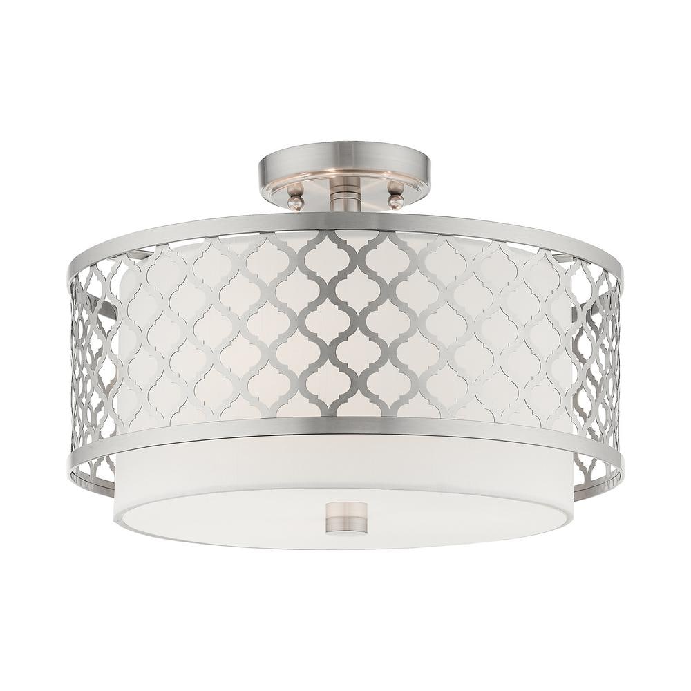 Arabesque Brushed Nickel 3-Light Semi-Flush Mount with Off-White Fabric Shade