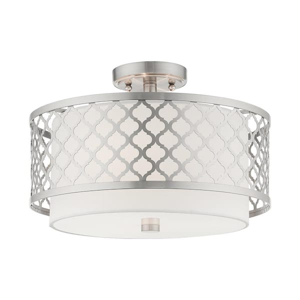AVIANCE LIGHTING Amalfi 15.25 in. 3-Light Brushed Nickel Semi Flush Mount with Off-White Fabric Shade