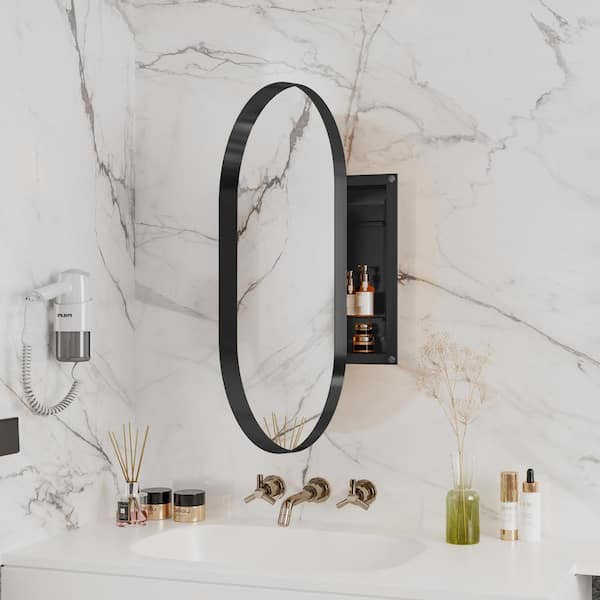 WELLFOR FS 20-in x 34-in Recessed Mount Gold Mirrored Oval Medicine Cabinet