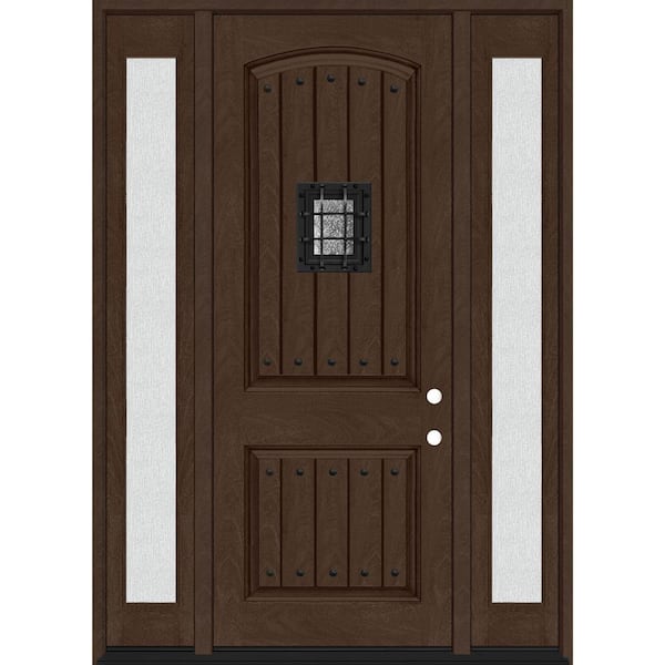 Steves & Sons Regency 68 in. x 96 in. 2P Plank Cavalier Speakeasy LHIS Hickory Stain Fiberglass Prehung Front Door w/Dbl 14in. Rain SL