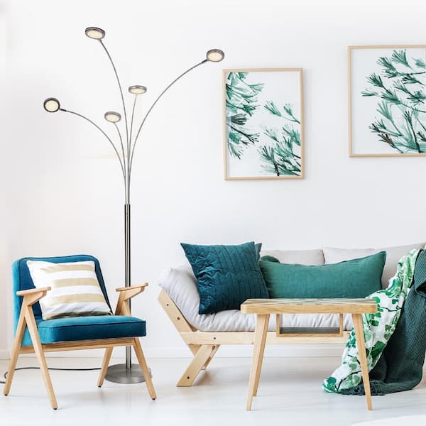 Orion 74 in. Brushed Nickel Industrial 5-Light LED Energy Efficient Floor Lamp with 5 Adjustable Swing Arm Heads