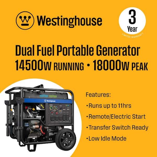 18,000/14,500-Watt Dual Fuel Gas and Propane Portable Generator with Remote Electric Start, Low THD, and 50 Amp Outlet
