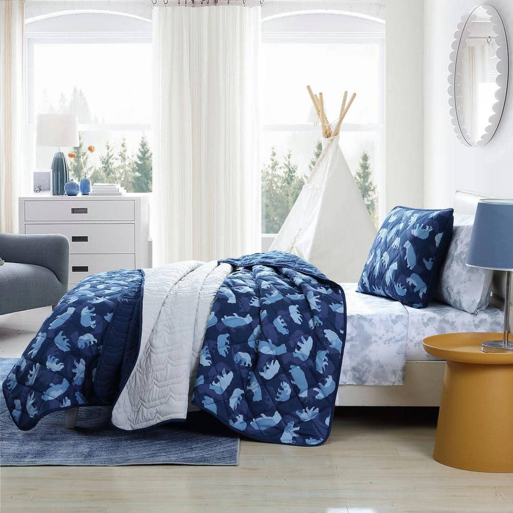 Navy Blue Microfiber Twin Kids Reversible Quilt Set