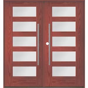 Faux Pivot 72 in. x 80 in. Right-Active/Inswing 5-Lite Satin Glass Redwood Stain Double Fiberglass Prehung Front Door