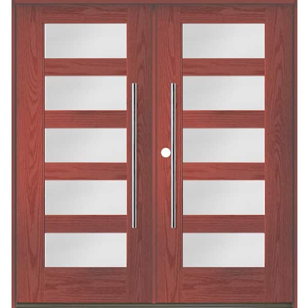 Krosswood Doors Faux Pivot 72 in. x 80 in. Right-Active/Inswing 5-Lite Satin Glass Redwood Stain Double Fiberglass Prehung Front Door