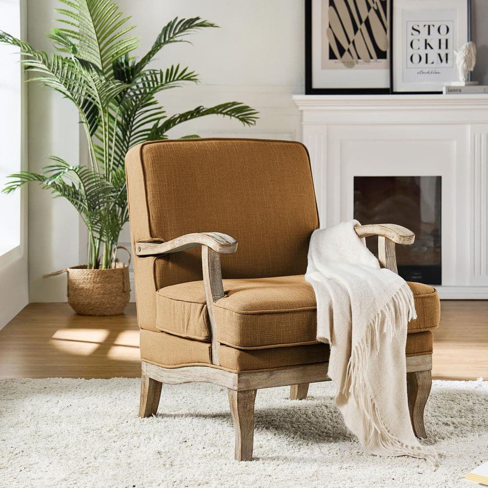 Quentin Golden Farmhouse Wooden Upholstered Arm Chair with Wooden Legs and Foot Pads Protecting the Floor price history on PriceWatchPro