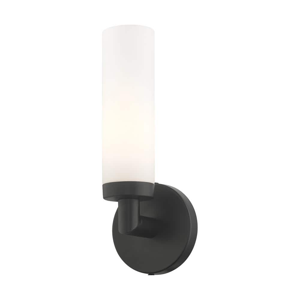 Black Steel Wall Sconce with Satin Opal Glass Shade