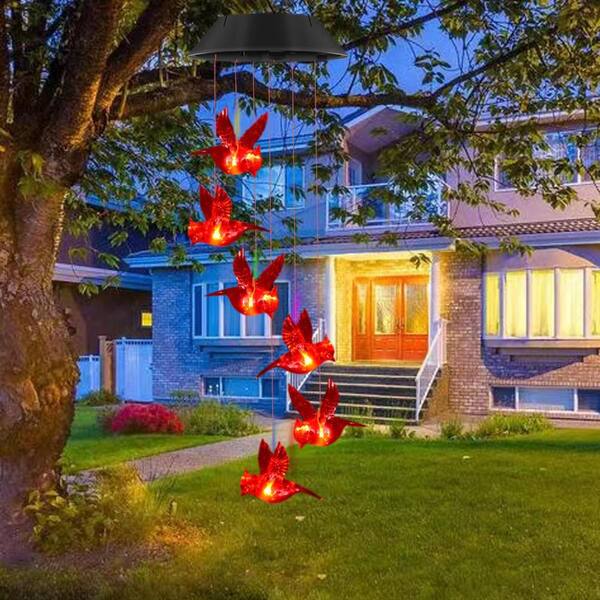 Solar Wind Chime Outdoor Hanging Light Red Cardinal Garden Decor 1