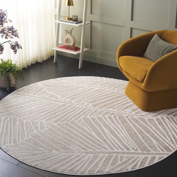 Maya 7 ft. x 7 ft. Ivory Striped Leaf Round Area Rug