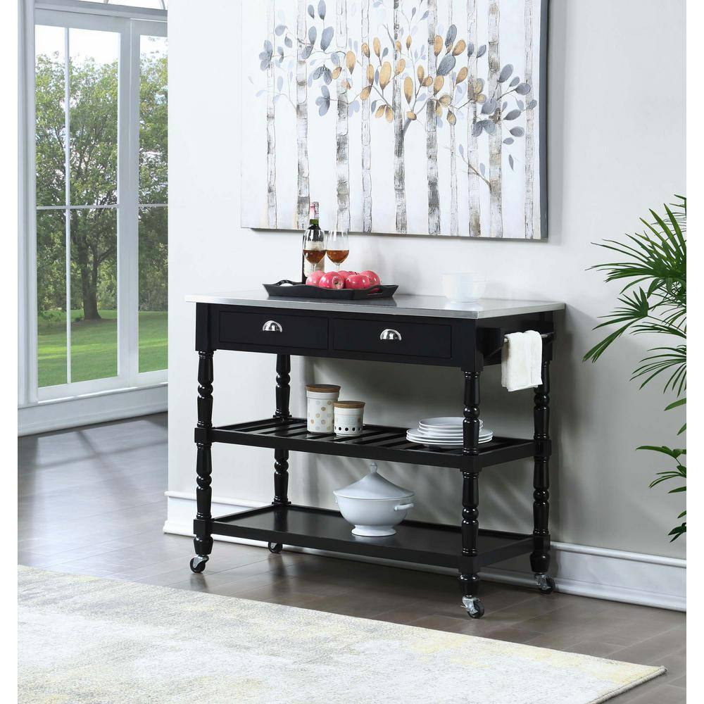 French Country Elegance Stainless Steel & Black Kitchen Cart with Wine Storage