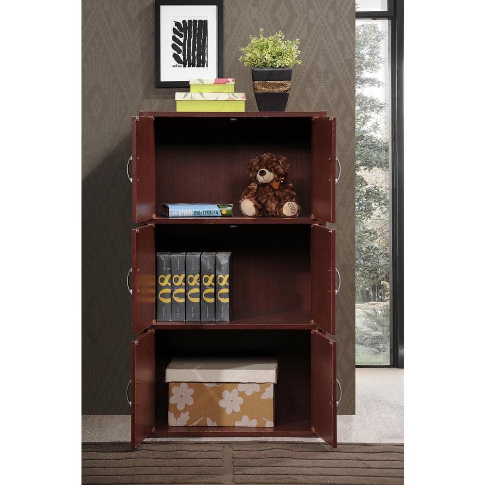 Versatile Mahogany 3-Shelf Office Bookcase with 6 Doors