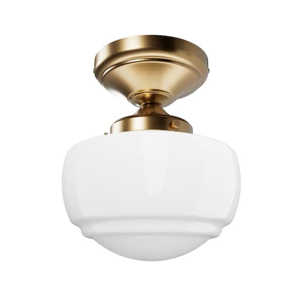 Hunter Saddle Creek 7.5 in. 1-Light Alturas Gold Schoolhouse Semi-Flush Mount with Cased White Glass Shade, Bulb Not Included