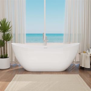 62 in. Double Slipper Acrylic Freestanding Flatbottom Bathtub with Polished Chrome Drain Soaking Tub in White