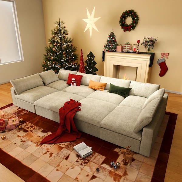 Magic Home 158 in. Square Arm 8-Piece Linen Seperable L-Shape Sectional Sofa with Ottoman in Khaki