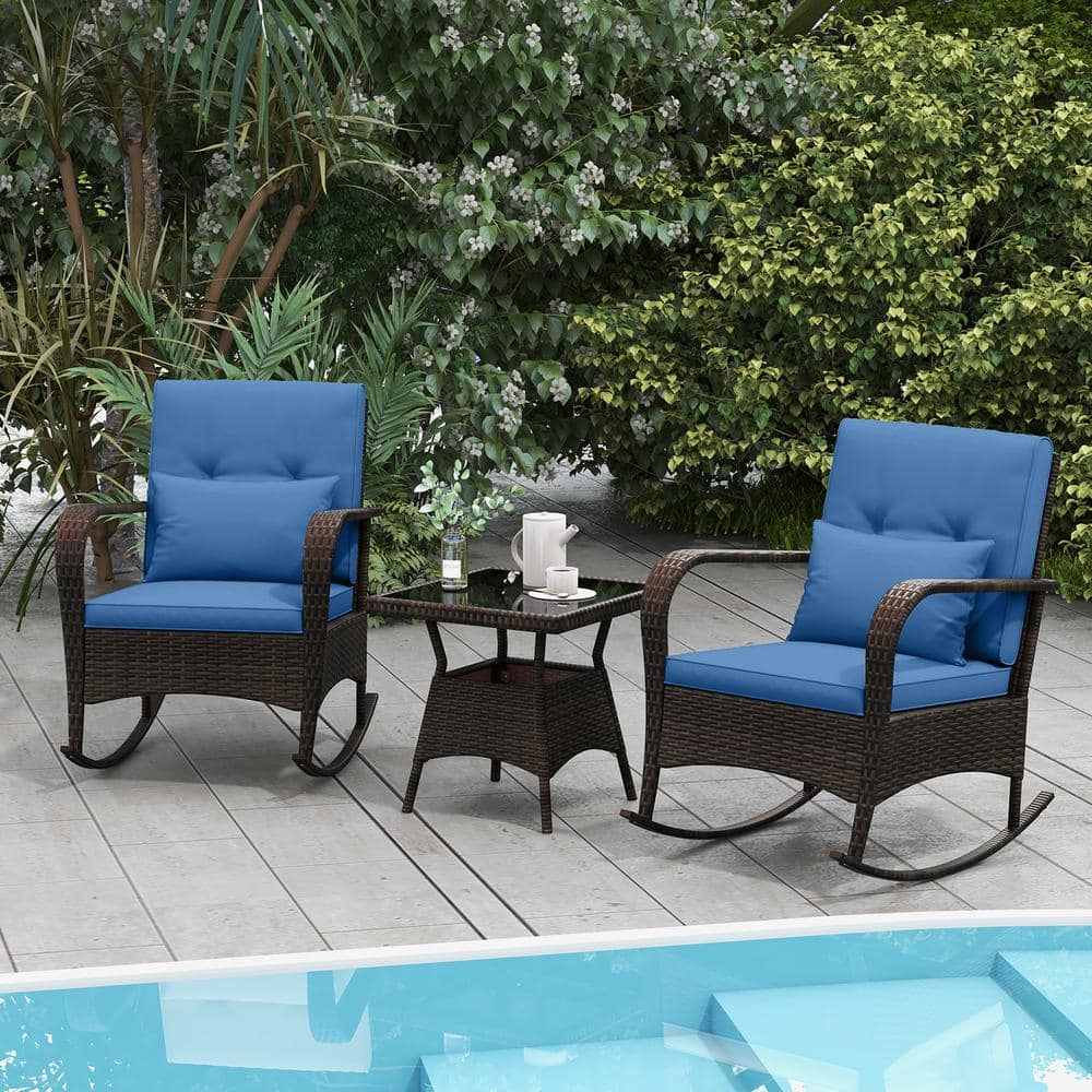 Liviza 3-Piece Wicker Patio Conversation Set with Navy Cushions