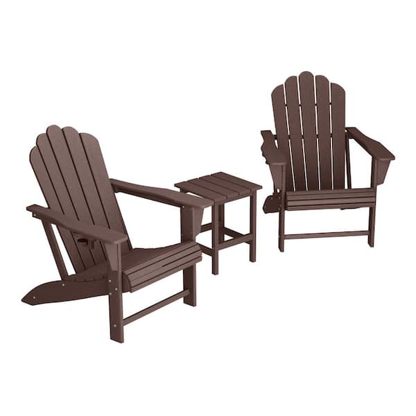 Aderson 3-Piece All Weather Outdoor HDPE Plastic Adirondack Chair Patio Conversation Set with Side Table in Dark Brown