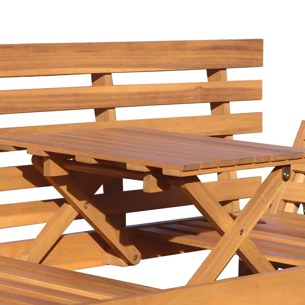 Outdoor Acacia Wood 3-Person Patio Bench with Fold Down Table