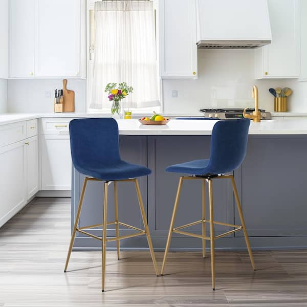 Scargill SW 29.9 in. Navy Blue Terry Fabric High Back Metal Frame Swivel Bar High Stool with Ergonomic Design (Set of 2)