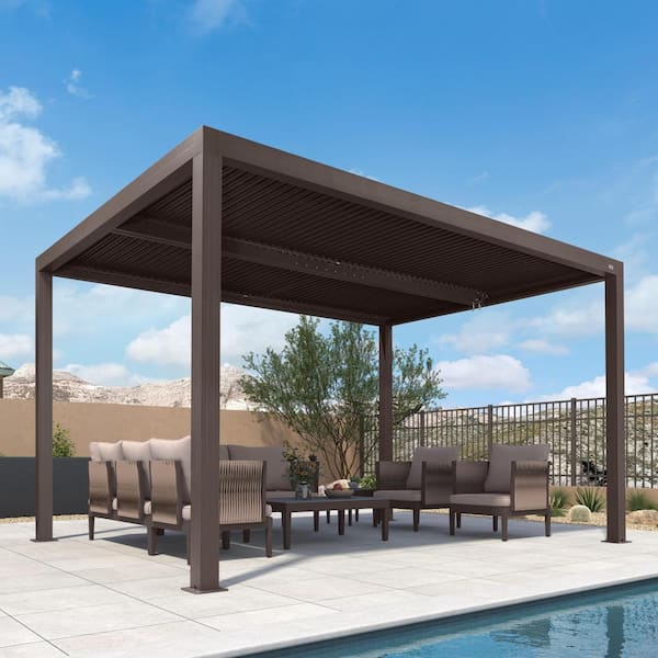 PURPLE LEAF 10 ft. x 13 ft. Bronze Aluminum Frame Patio Hardtop Louvered Pergola with Adjustable Rainproof Roof and In-Built Gutter