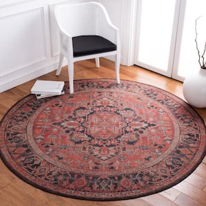 Journey Navy/Red 7 ft. x 7 ft. Machine Washable Floral Medallion Round Area Rug