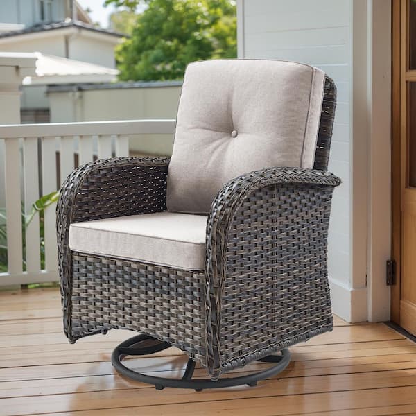 Opohoro Brown Wicker Outdoor Rocking Chair, Patio Swivel Rocking Chair with Beige Cushions for Porch or Balcony (1-Pack)