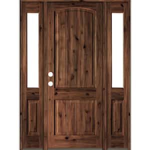 58 in. x 96 in. Rustic Alder Arch Top Red Mahogany Stained Wood with V-Groove Right Hand Single Prehung Front Door