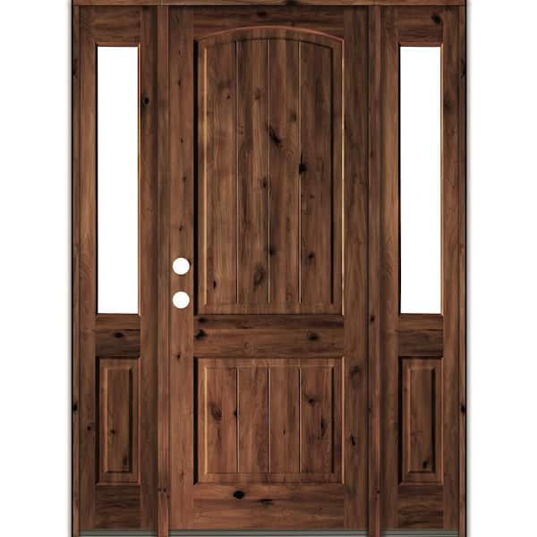 Krosswood Doors 58 in. x 96 in. Rustic Alder Arch Top Red Mahogany Stained Wood with V-Groove Right Hand Single Prehung Front Door