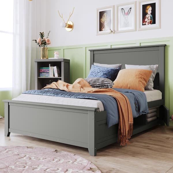 GOJANE 80.00 in. W Gray Full Solid Wood Platform Bed with Storage, No Spring Box Needed