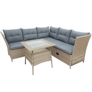 Outdoor Patio 4-Piece Natural Rattan Patio Conversation Sectional Seating Set with Gray Cushions