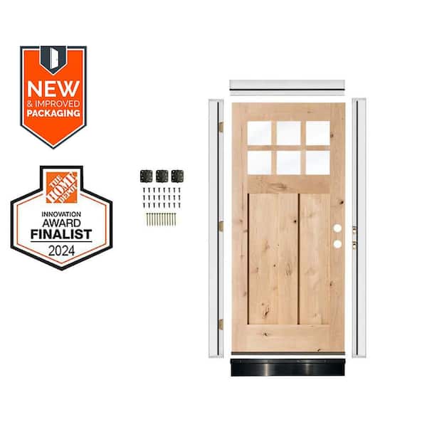 36in.x80in. KnottyAlder LH 6-Lite Clear Glass Unfinished Wood AssemblyRequired Front Door Kit w/QuickAssembleJamb