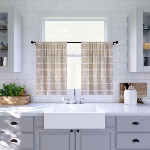 CLEAN WINDOW Aso Twill Stripe Linen Blend 52 in. W x 24 in. L Sheer Rod Pocket Kitchen Curtain Tier Pair in White/Linen