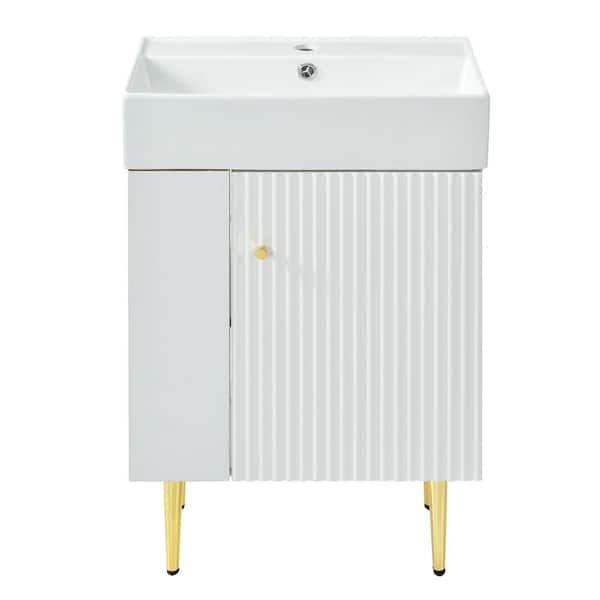 24 in. W x 18 in. D x 34 in. H Single Sink Freestanding Bath Vanity in White with White Ceramic Top, Left Storage