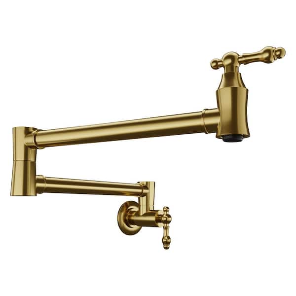 KFHDX 24 in. Wall Mounted Pot Filler with 360-Degree Rotation Dual Swivel Arms in Brushed Gold Finish
