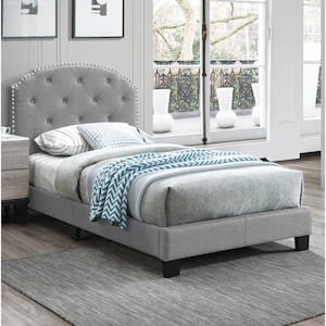 Button Tufting Design Platform Twin Bed in Light Grey